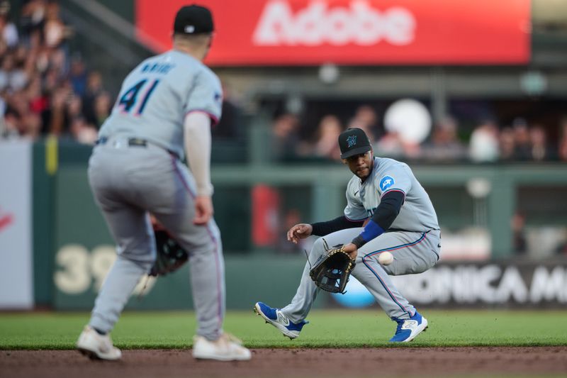 Aug 31, 2024; San Francisco, California, USA; Miami Marlins infielder Otto Lopez (61) fields a ground ball against the San Francisco Giants during the second inning at Oracle Park. Mandatory Credit: Robert Edwards-USA TODAY Sports