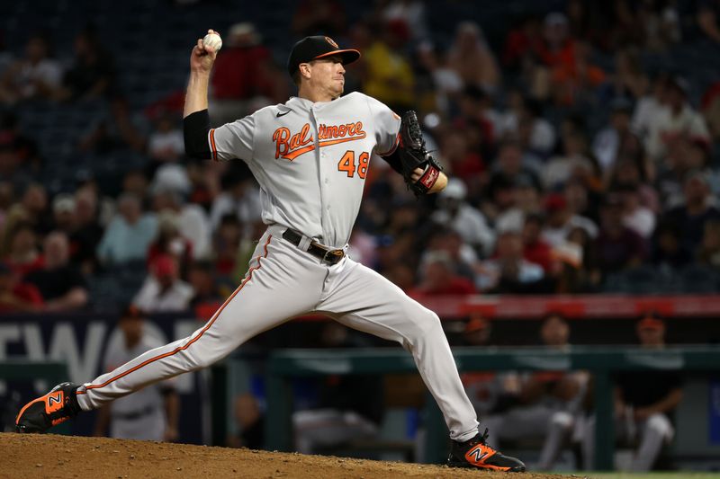 Sep 6, 2023; Anaheim, California, USA;  Baltimore Orioles starting pitcher Kyle Gibson (48) pitches during the third inning against the Los Angeles Angels at Angel Stadium. Mandatory Credit: Kiyoshi Mio-USA TODAY Sports