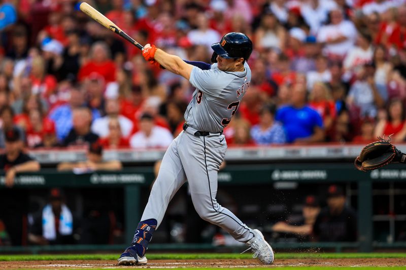 Jul 5, 2024; Cincinnati, Ohio, USA; Detroit Tigers second baseman Colt Keith (33) hits a two-run home run in the fifth inning against the Cincinnati Reds at Great American Ball Park. Mandatory Credit: Katie Stratman-USA TODAY Sports