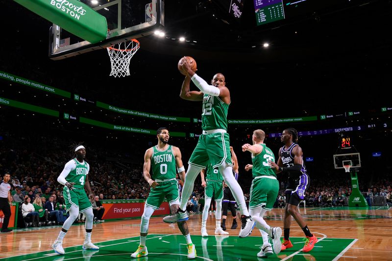 BOSTON, MA - APRIL 5: Al Horford #42 of the Boston Celtics grabs a rebound during the game against the Sacramento Kings  on April 5, 2024 at the TD Garden in Boston, Massachusetts. NOTE TO USER: User expressly acknowledges and agrees that, by downloading and or using this photograph, User is consenting to the terms and conditions of the Getty Images License Agreement. Mandatory Copyright Notice: Copyright 2024 NBAE  (Photo by Brian Babineau/NBAE via Getty Images)