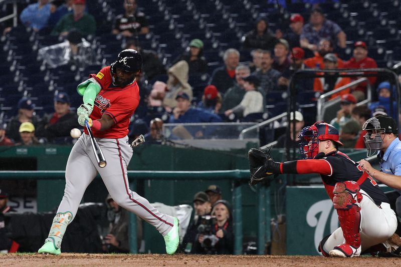 Sep 16, 2025; Washington, District of Columbia, USA; Atlanta Braves outfielder Michael Harris II (23) hits a double against the Washington Nationals during the seventh inning at Nationals Park. Mandatory Credit: Geoff Burke-Imagn Images