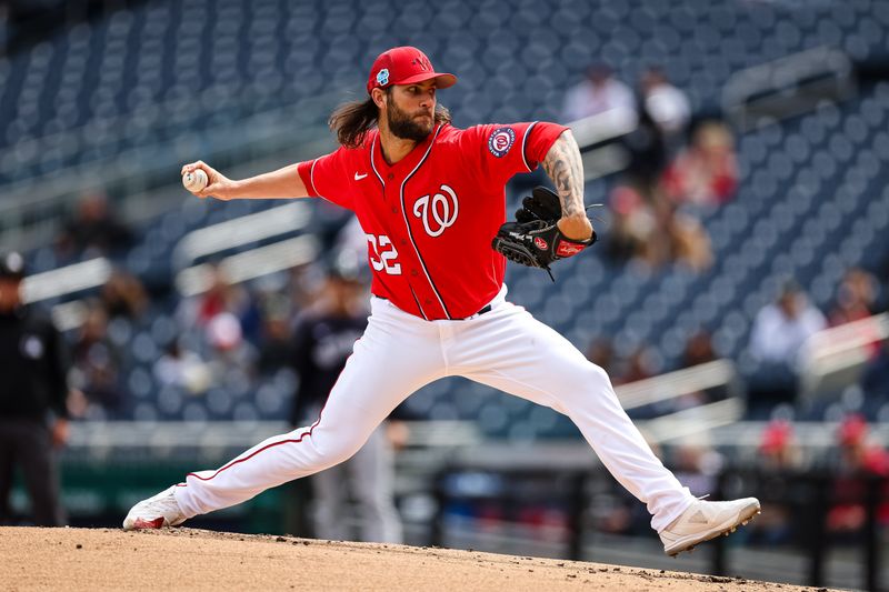 Mar 28, 2023; Washington, District of Columbia, USA; Washington Nationals starting pitcher Trevor Williams (32) delivers a pitch against the New York Yankees during the second inning of the Spring Training game at Nationals Park. Mandatory Credit: Scott Taetsch-USA TODAY Sports