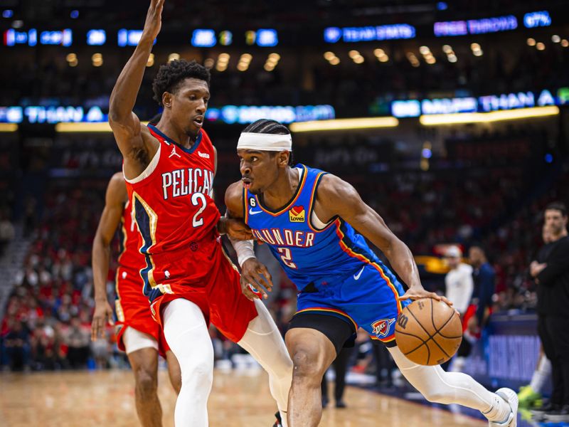 NEW ORLEANS, LA - APRIL 12:  Shai Gilgeous-Alexander #2 of the Oklahoma City Thunder goes to the basket during the game During the 2023 Play-in Tournament on April 12, 2023 at the Smoothie King Center in New Orleans, Louisiana. NOTE TO USER: User expressly acknowledges and agrees that, by downloading and or using this Photograph, user is consenting to the terms and conditions of the Getty Images License Agreement. Mandatory Copyright Notice: Copyright 2023 NBAE (Photo by Zach Beeker/NBAE via Getty Images)