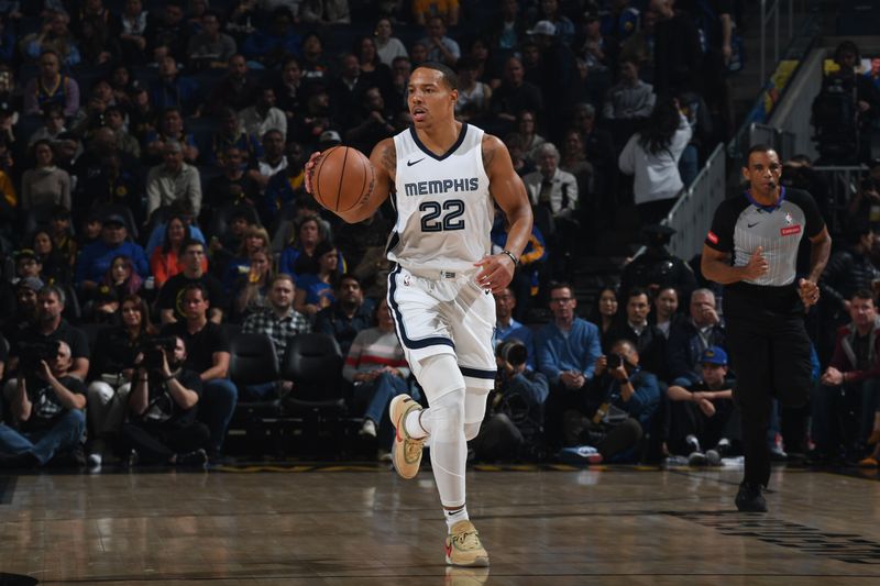 SAN FRANCISCO, CA - MARCH 20: Desmond Bane #22 of the Memphis Grizzlies dribbles the ball during the game against the Golden State Warriors on March 20, 2024 at Chase Center in San Francisco, California. NOTE TO USER: User expressly acknowledges and agrees that, by downloading and or using this photograph, user is consenting to the terms and conditions of Getty Images License Agreement. Mandatory Copyright Notice: Copyright 2024 NBAE (Photo by Noah Graham/NBAE via Getty Images)