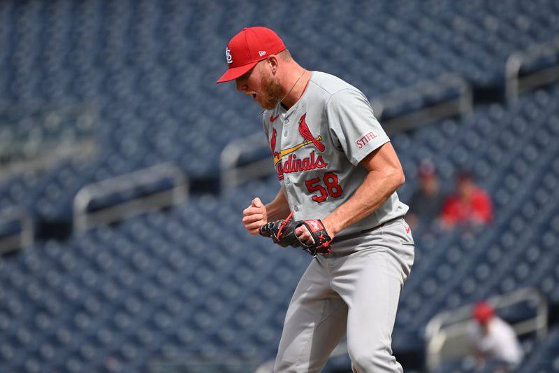 Jul 7, 2024; Washington, District of Columbia, USA; St. Louis Cardinals relief pitcher Chris Roycroft (58) reacts after defeating the Washington Nationals at Nationals Park. Mandatory Credit: Rafael Suanes-USA TODAY Sports