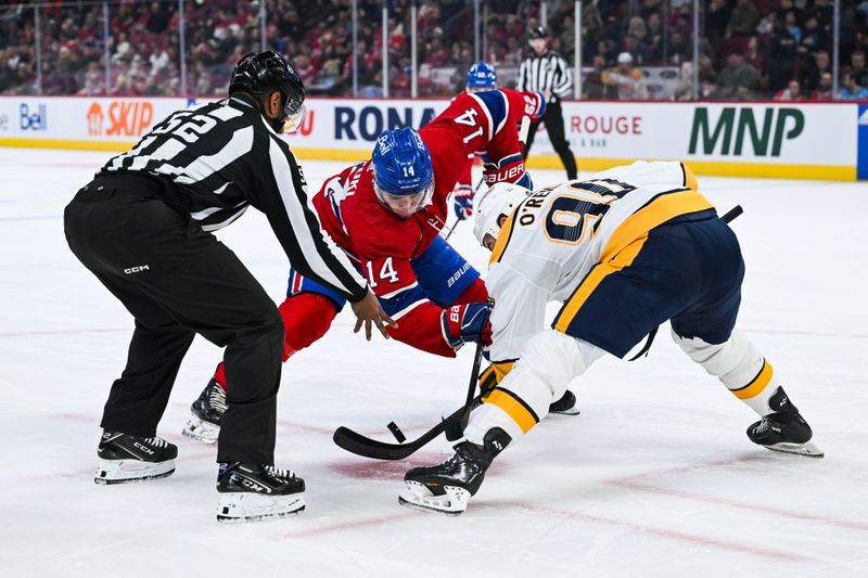 Dec 10, 2023; Montreal, Quebec, CAN; NHL linesman Shandor Alphonso (52) drops the puck at face-off between Montreal Canadiens center Nick Suzuki (14) and Nashville Predators center Ryan O'Reilly (90) during the first period at Bell Centre. Mandatory Credit: David Kirouac-USA TODAY Sports