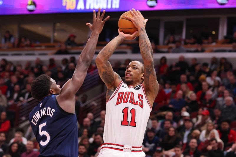 CHICAGO, ILLINOIS - FEBRUARY 06: DeMar DeRozan #11 of the Chicago Bulls shoots over Anthony Edwards #5 of the Minnesota Timberwolves during the second half at the United Center on February 06, 2024 in Chicago, Illinois. NOTE TO USER: User expressly acknowledges and agrees that, by downloading and or using this photograph, User is consenting to the terms and conditions of the Getty Images License Agreement.  (Photo by Michael Reaves/Getty Images)