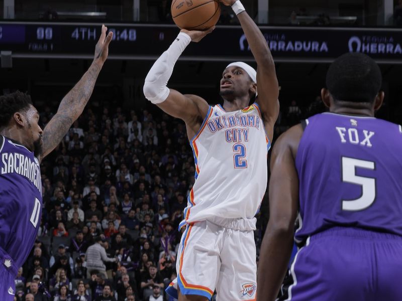 SACRAMENTO, CA - NOVEMBER 25: Shai Gilgeous-Alexander #2 of the Oklahoma City Thunder shoots the ball during the game against the Sacramento Kings on November 25, 2024 at Golden 1 Center in Sacramento, California. NOTE TO USER: User expressly acknowledges and agrees that, by downloading and or using this Photograph, user is consenting to the terms and conditions of the Getty Images License Agreement. Mandatory Copyright Notice: Copyright 2024 NBAE (Photo by Rocky Widner/NBAE via Getty Images)