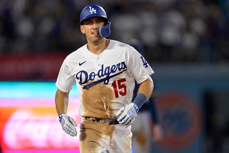 Aug 17, 2023; Los Angeles, California, USA;  Los Angeles Dodgers catcher Austin Barnes (15) rounds the bases after hitting a solo home run in the eighth inning against the Milwaukee Brewers at Dodger Stadium. Mandatory Credit: Jayne Kamin-Oncea-USA TODAY Sports