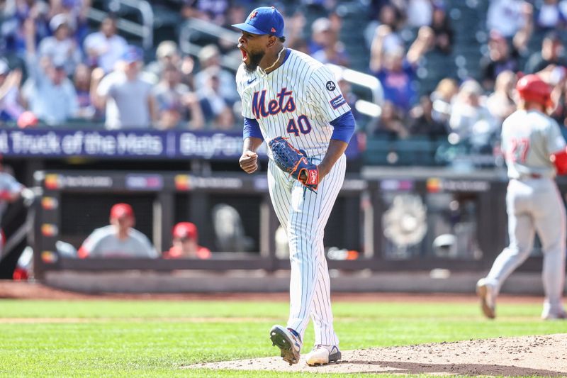 Sep 8, 2024; New York City, New York, USA;  New York Mets starting pitcher Luis Severino (40) reacts after retiring the side in the fifth inning against the Cincinnati Reds at Citi Field. Mandatory Credit: Wendell Cruz-Imagn Images