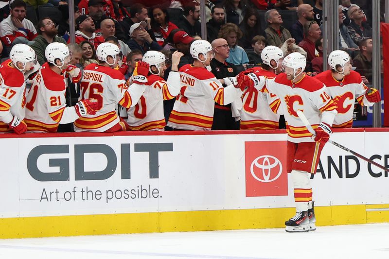 Feb 25, 2025; Washington, District of Columbia, USA; Calgary Flames left wing Jonathan Huberdeau (10) celebrates with teammates after scoring a goal against the Washington Capitals in the third period at Capital One Arena. Mandatory Credit: Geoff Burke-Imagn Images