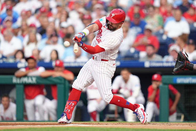 Jul 23, 2025; Philadelphia, Pennsylvania, USA; Philadelphia Phillies designated hitter Kyle Schwarber (12) hits a two-run home run against the Boston Red Sox in the first inning at Citizens Bank Park. Mandatory Credit: Kyle Ross-Imagn Images