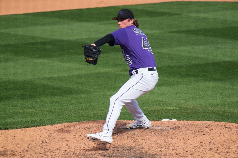 Mar 10, 2023; Salt River Pima-Maricopa, Arizona, USA; Colorado Rockies pitcher Nick Mears (46) on the mound in eighth the inning during a spring training game against the San Francisco Giants at Salt River Fields at Talking Stick. Mandatory Credit: Allan Henry-USA TODAY Sports 