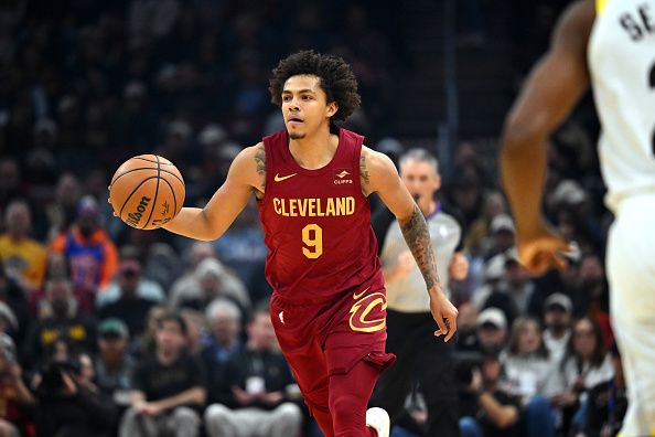 CLEVELAND, OHIO - DECEMBER 20: Craig Porter #9 of the Cleveland Cavaliers brings the ball up court during the first quarter against the Utah Jazz at Rocket Mortgage Fieldhouse on December 20, 2023 in Cleveland, Ohio. NOTE TO USER: User expressly acknowledges and agrees that, by downloading and or using this photograph, User is consenting to the terms and conditions of the Getty Images License Agreement. (Photo by Jason Miller/Getty Images)