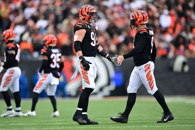 Cincinnati Bengals defensive end Trey Hendrickson (91) high fives defensive end Sam Hubbard (94) during an NFL football game against the Cleveland Browns on Sunday, Jan. 7, 2024, in Cincinnati. (AP Photo/Emilee Chinn)