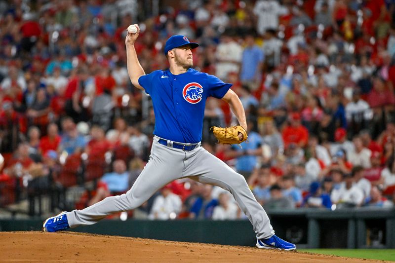 Jul 29, 2023; St. Louis, Missouri, USA;  Chicago Cubs starting pitcher Jameson Taillon (50) pitches against the St. Louis Cardinals during the third inning at Busch Stadium. Mandatory Credit: Jeff Curry-USA TODAY Sports