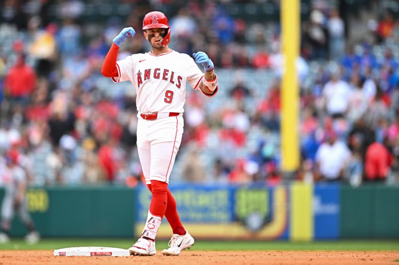 May 4, 2025; Anaheim, California, USA; Los Angeles Angels shortstop Zach Neto (9) reacts after hitting an RBI double against the Detroit Tigers during the seventh inning at Angel Stadium. Mandatory Credit: Jonathan Hui-Imagn Images