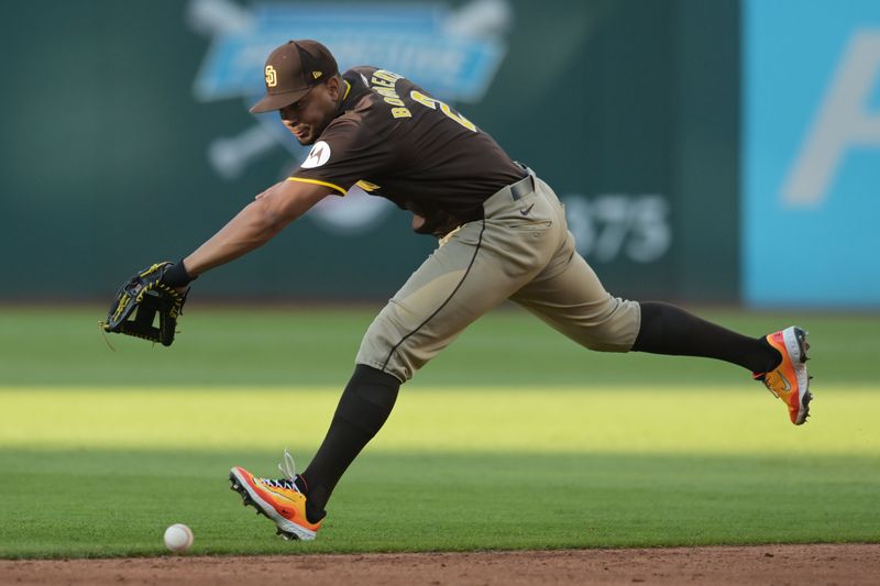 Jul 19, 2024; Cleveland, Ohio, USA; San Diego Padres second baseman Xander Bogaerts (2) can not get to a ball hit by Cleveland Guardians designated hitter David Fry (not pictured) during the second inning at Progressive Field. Mandatory Credit: Ken Blaze-USA TODAY Sports