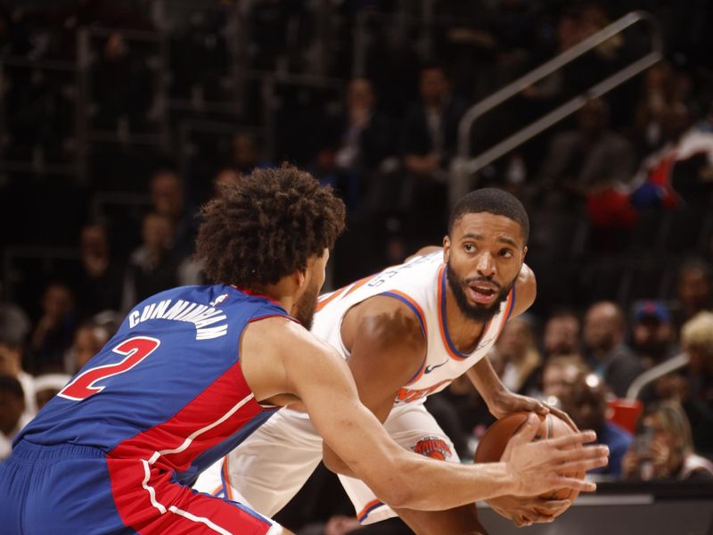 DETROIT, MI - NOVEMBER 1: Mikal Bridges #25 of the New York Knicks handles the ball during the game against the Detroit Pistons on November 1, 2024 at Little Caesars Arena in Detroit, Michigan. NOTE TO USER: User expressly acknowledges and agrees that, by downloading and/or using this photograph, User is consenting to the terms and conditions of the Getty Images License Agreement. Mandatory Copyright Notice: Copyright 2024 NBAE (Photo by Brian Sevald/NBAE via Getty Images)