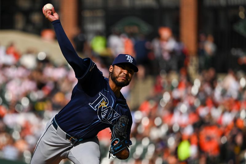 Jun 1, 2024; Baltimore, Maryland, USA;  Tampa Bay Rays pitcher Taj Bradley (45) throws a second inning pitch against the Baltimore Orioles at Oriole Park at Camden Yards. Mandatory Credit: Tommy Gilligan-USA TODAY Sports