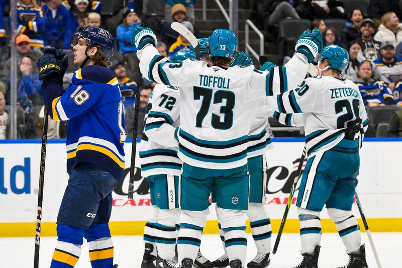 Nov 21, 2024; St. Louis, Missouri, USA;  St. Louis Blues center Robert Thomas (18) reacts after San Jose Sharks center Alexander Wennberg (not pictured) scored the game tying goal in the third period at Enterprise Center. Mandatory Credit: Jeff Curry-Imagn Images