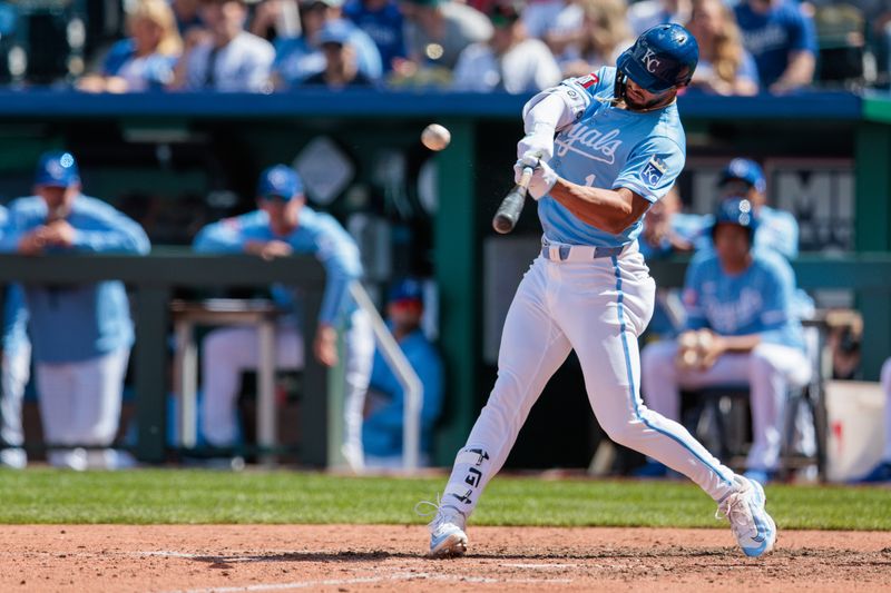 Apr 7, 2024; Kansas City, Missouri, USA; Kansas City Royals outfielder MJ Melendez (1) hits a home run during the eighth inning against the Chicago White Sox at Kauffman Stadium. Mandatory Credit: William Purnell-USA TODAY Sports