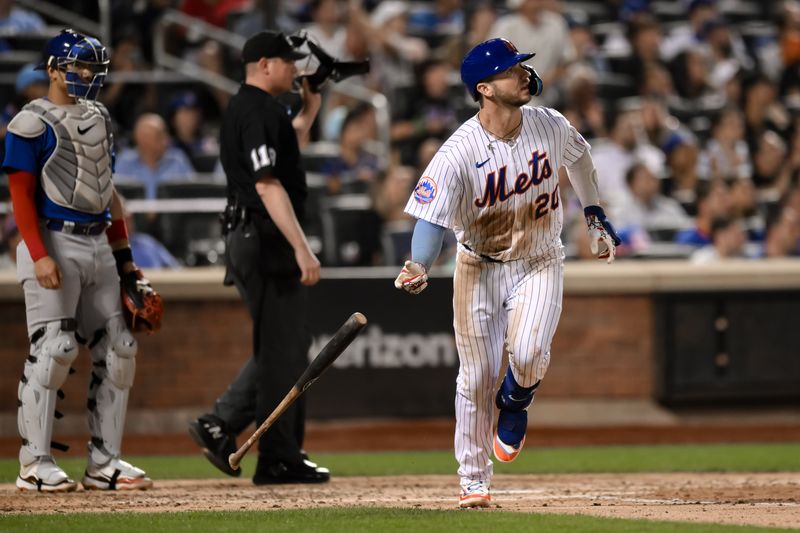 Aug 9, 2023; New York City, New York, USA; New York Mets first baseman Pete Alonso (20) hits a two run home run against the Chicago Cubs during the fourth inning at Citi Field. Mandatory Credit: John Jones-USA TODAY Sports