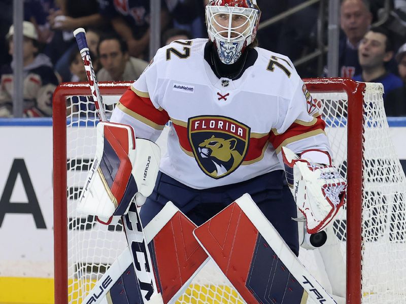 May 22, 2024; New York, New York, USA; Florida Panthers goaltender Sergei Bobrovsky (72) tends net against the New York Rangers during the first period of game one of the Eastern Conference Final of the 2024 Stanley Cup Playoffs at Madison Square Garden. Mandatory Credit: Brad Penner-USA TODAY Sports