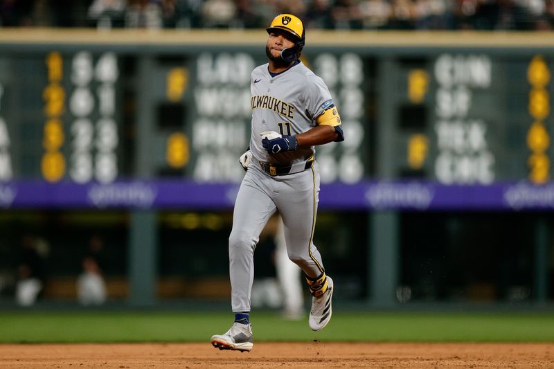Apr 9, 2025; Denver, Colorado, USA; Milwaukee Brewers left fielder Jackson Chourio (11) rounds the bases on a three run home run in the fifth inning against the Colorado Rockies at Coors Field. Mandatory Credit: Isaiah J. Downing-Imagn Images