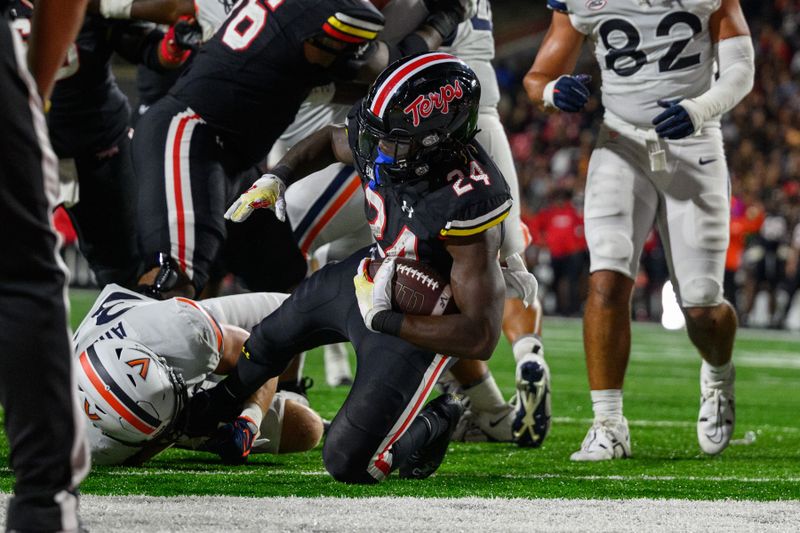 Sep 15, 2023; College Park, Maryland, USA; Maryland Terrapins running back Roman Hemby (24) scores a touchdown during the fourth quarter against the Virginia Cavaliers at SECU Stadium. Mandatory Credit: Reggie Hildred-USA TODAY Sports