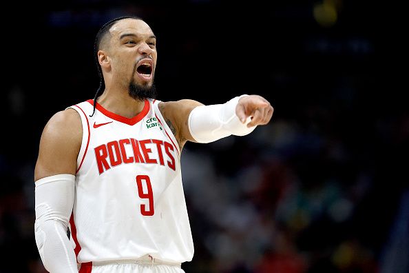 NEW ORLEANS, LOUISIANA - DECEMBER 23: Dillon Brooks #9 of the Houston Rockets reacts during the fourth quarter of an NBA game against the New Orleans Pelicans at Smoothie King Center on December 23, 2023 in New Orleans, Louisiana. NOTE TO USER: User expressly acknowledges and agrees that, by downloading and or using this photograph, User is consenting to the terms and conditions of the Getty Images License Agreement. (Photo by Sean Gardner/Getty Images)