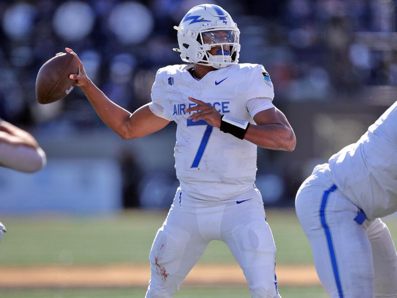 Nov 2, 2024; West Point, New York, USA; Air Force Falcons quarterback Quentin Hayes (7) throws a pass against the Army Black Knights during the first half at Michie Stadium. Mandatory Credit: Danny Wild-Imagn Images