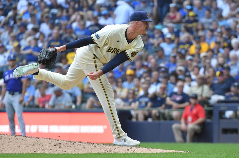 Jun 26, 2024; Milwaukee, Wisconsin, USA; Milwaukee Brewers pitcher Bryan Hudson (52) delivers against the Texas Rangers in the seventh inning at American Family Field. Mandatory Credit: Michael McLoone-USA TODAY Sports