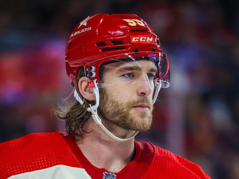 Jan 20, 2024; Calgary, Alberta, CAN; Calgary Flames defenseman Noah Hanifin (55) during the third period against the Edmonton Oilers at Scotiabank Saddledome. Mandatory Credit: Sergei Belski-USA TODAY Sports