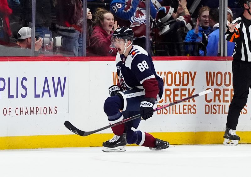 Dec 19, 2025; Denver, Colorado, USA; Colorado Avalanche center Martin Necas (88) celebrates his goal scored in the first period against the Winnipeg Jets at Ball Arena. Mandatory Credit: Ron Chenoy-Imagn Images