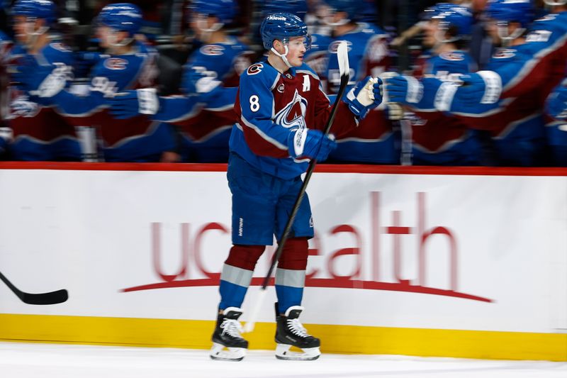 Mar 6, 2025; Denver, Colorado, USA; Colorado Avalanche defenseman Cale Makar (8) celebrates with the bench after his goal in the first period against the San Jose Sharks at Ball Arena. Mandatory Credit: Isaiah J. Downing-Imagn Images