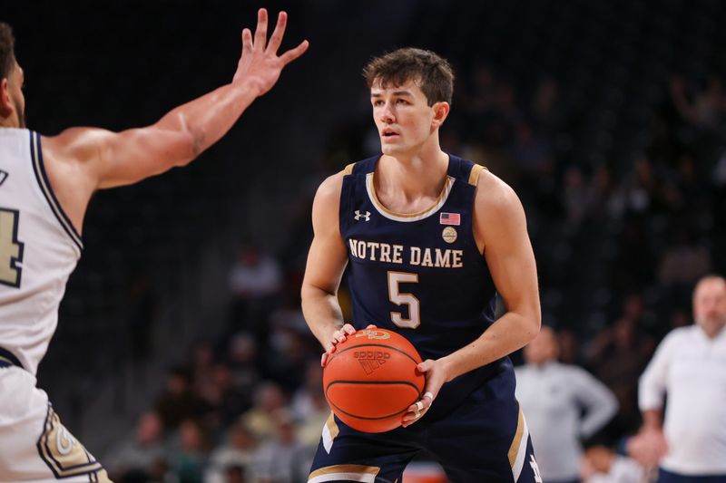 Feb 8, 2023; Atlanta, Georgia, USA; Notre Dame Fighting Irish guard Cormac Ryan (5) against the Georgia Tech Yellow Jackets in the first half at McCamish Pavilion. Mandatory Credit: Brett Davis-USA TODAY Sports