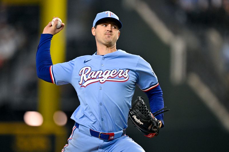 Apr 20, 2025; Arlington, Texas, USA; Texas Rangers starting pitcher Tyler Mahle (51) pitches against the Los Angeles Dodgers during the fifth inning at Globe Life Field. Mandatory Credit: Jerome Miron-Imagn Images