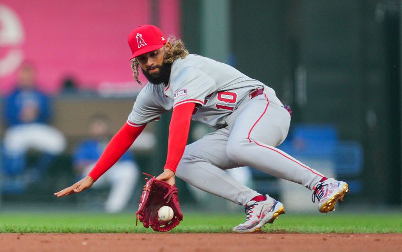 Aug 21, 2024; Kansas City, Missouri, USA; Los Angeles Angels second baseman Jack Lopez (10) field a ground ball during the first inning against the Kansas City Royals at Kauffman Stadium. Mandatory Credit: Jay Biggerstaff-USA TODAY Sports