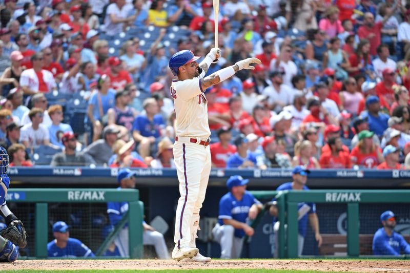 Aug 6, 2023; Philadelphia, Pennsylvania, USA; Philadelphia Phillies right fielder Nick Castellanos (8) watches his two-run home run against the Kansas City Royals during the fifth inning at Citizens Bank Park. Mandatory Credit: Eric Hartline-USA TODAY Sports