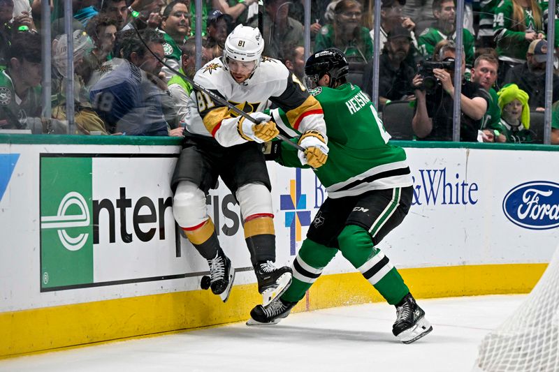 May 5, 2024; Dallas, Texas, USA; Dallas Stars defenseman Miro Heiskanen (4) checks Vegas Golden Knights right wing Jonathan Marchessault (81) during the third period in game seven of the first round of the 2024 Stanley Cup Playoffs at American Airlines Center. Mandatory Credit: Jerome Miron-USA TODAY Sports