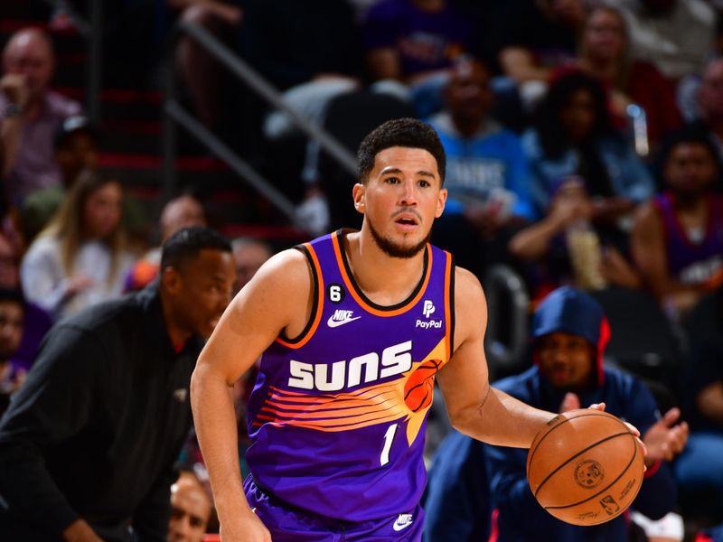 PHOENIX, AZ - OCTOBER 28: Devin Booker #1 of the Phoenix Suns dribbles the ball during the game against the New Orleans Pelicans on October 28, 2022 at Footprint Center in Phoenix, Arizona. NOTE TO USER: User expressly acknowledges and agrees that, by downloading and or using this photograph, user is consenting to the terms and conditions of the Getty Images License Agreement. Mandatory Copyright Notice: Copyright 2022 NBAE (Photo by Barry Gossage/NBAE via Getty Images)