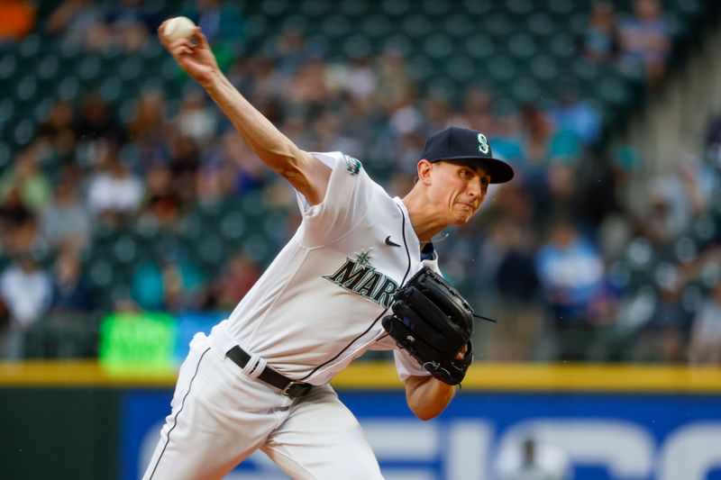 Jun 13, 2023; Seattle, Washington, USA; Seattle Mariners starting pitcher George Kirby (68) throws against the Miami Marlins during the third inning at T-Mobile Park. Mandatory Credit: Joe Nicholson-USA TODAY Sports