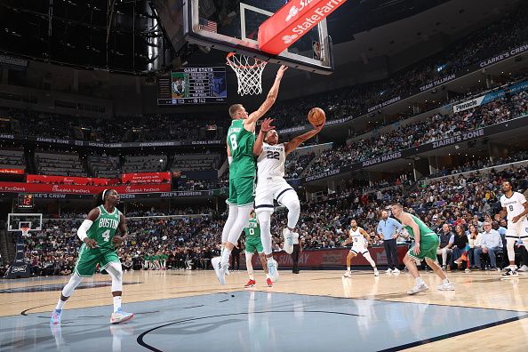 MEMPHIS, TN - NOVEMBER 19: Desmond Bane #22 of the Memphis Grizzlies drives to the basket during the game against the Boston Celtics on November 19, 2023 at FedExForum in Memphis, Tennessee. NOTE TO USER: User expressly acknowledges and agrees that, by downloading and or using this photograph, User is consenting to the terms and conditions of the Getty Images License Agreement. Mandatory Copyright Notice: Copyright 2023 NBAE (Photo by Joe Murphy/NBAE via Getty Images)