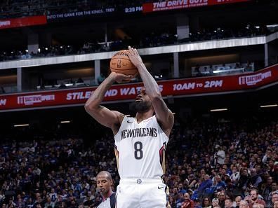 SACRAMENTO, CA - DECEMBER 4: Naji Marshall #8 of the New Orleans Pelicans shoots a three point basket against the Sacramento Kings during the quarter finals of the In-Season Tournament on December 4, 2023 at Golden 1 Center in Sacramento, California. NOTE TO USER: User expressly acknowledges and agrees that, by downloading and or using this Photograph, user is consenting to the terms and conditions of the Getty Images License Agreement. Mandatory Copyright Notice: Copyright 2023 NBAE (Photo by Rocky Widner/NBAE via Getty Images)