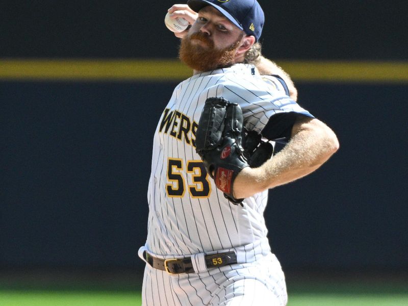 Sep 17, 2023; Milwaukee, Wisconsin, USA; Milwaukee Brewers starting pitcher Brandon Woodruff (53) delivers a pitch against the Washington Nationals in the first inning at American Family Field. Mandatory Credit: Michael McLoone-USA TODAY Sports