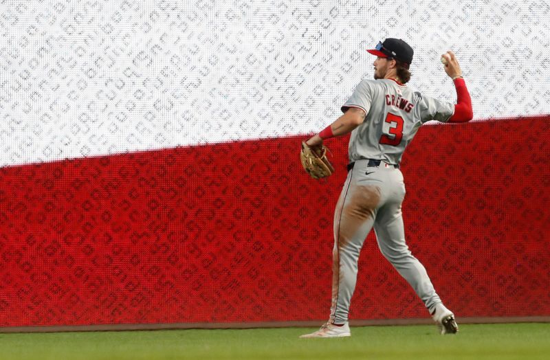 Sep 5, 2024; Pittsburgh, Pennsylvania, USA;  Washington Nationals right fielder Dylan Crews (3) throws in the outfield to warm up before the start of the third inning against the Pittsburgh Pirates at PNC Park. Mandatory Credit: Charles LeClaire-Imagn Images