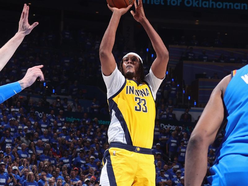 OKLAHOMA CITY, OK - JUNE 8: Myles Turner #33 of the Indiana Pacers shoots the ball during the game against the Oklahoma City Thunder during Game Two of the 2025 NBA Finals on June 8, 2025 at Paycom Center in Oklahoma City, Oklahoma. NOTE TO USER: User expressly acknowledges and agrees that, by downloading and or using this photograph, User is consenting to the terms and conditions of the Getty Images License Agreement. Mandatory Copyright Notice: Copyright 2025 NBAE(Photo by Nathaniel S. Butler/NBAE via Getty Images)