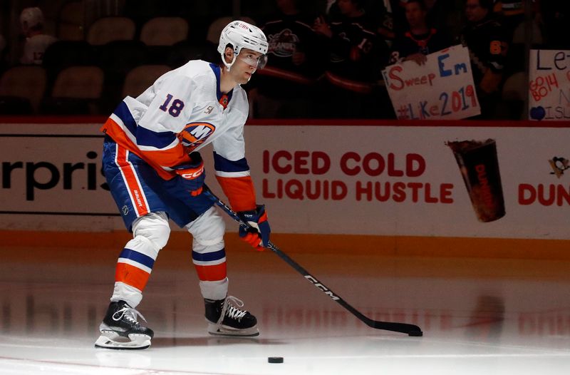 Mar 9, 2023; Pittsburgh, Pennsylvania, USA;  New York Islanders left wing Pierre Engvall (18) takes the ice to warm up before the game against the Pittsburgh Penguins at PPG Paints Arena. Mandatory Credit: Charles LeClaire-USA TODAY Sports