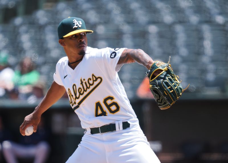 Jul 23, 2023; Oakland, California, USA; Oakland Athletics starting pitcher Luis Medina (46) pitches the ball against the Houston Astros during the first inning at Oakland-Alameda County Coliseum. Mandatory Credit: Kelley L Cox-USA TODAY Sports